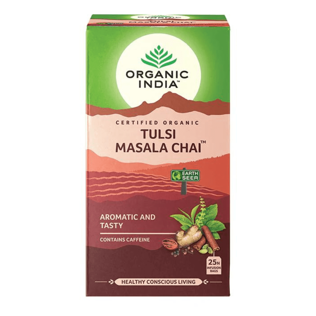 Organic India Tulsi Tea Tummy caffeine-free herbal tea in 25 infusion bags, showing a box with herbal tea bags and tulsi leaves.