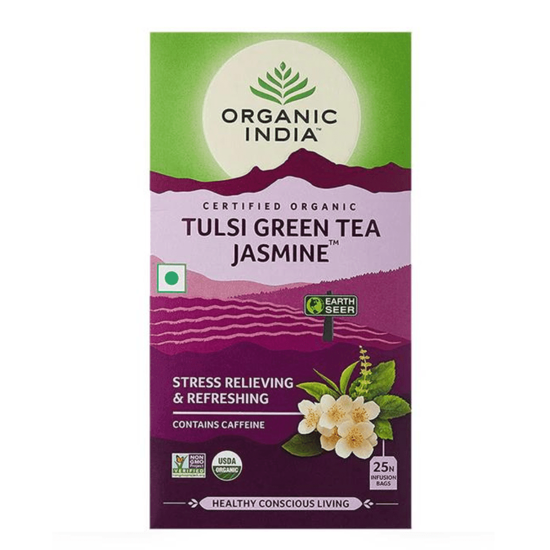 Organic India BIO Tulsi Green Tea Jasmine infusion bags with fresh green tea leaves and jasmine flowers.
