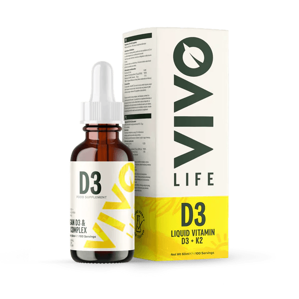Vivo Life Vitamin D3 with K2 plant-based supplement bottle on a white background, showcasing the product label.