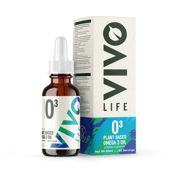 Vivo Life plant-based Omega 3 supplement bottle with label showing omega-3 fish oil alternative from algae, on a white background.
