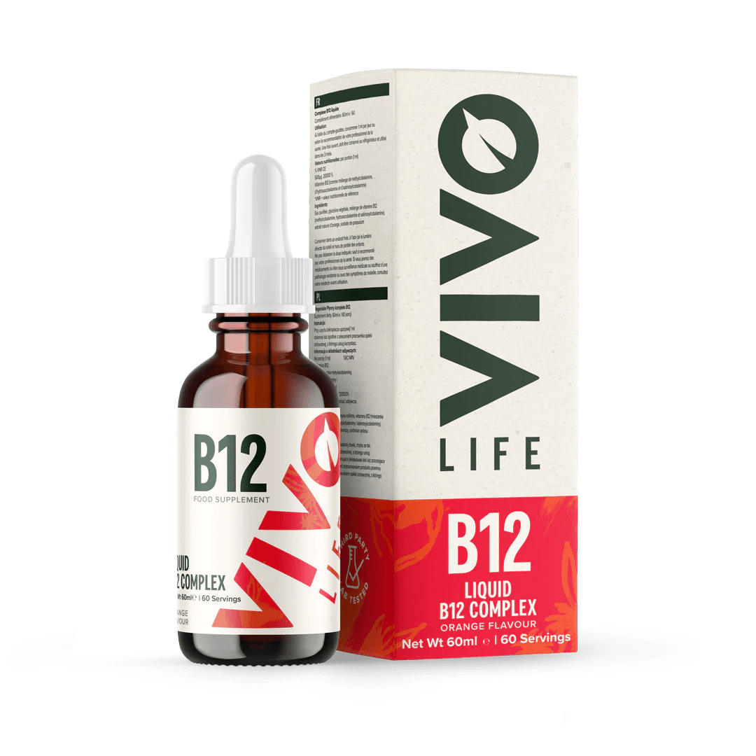 Vivo Life B12 high potency vegan supplement bottle with 60ml liquid vitamin blend and 60 servings, natural vegan health support.