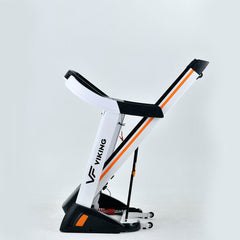 Folded VIKING FITNESS D-55 Uranus electric treadmill showing compact design and control panel in a home gym setting.