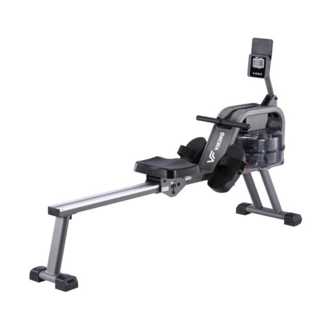 Viking Fitness Neptune 3 water rowing machine with wooden frame and water resistance, designed for full-body workout.