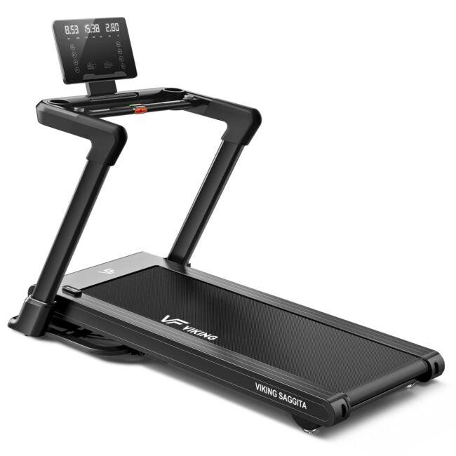 Viking Saggita advanced electric folding treadmill with 3.5HP motor and smart training features, shown in a modern home gym setting.