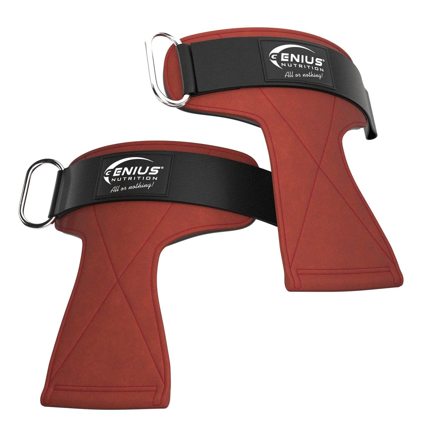 Genius Nutrition Weightlifting Grip GG-1 in red brick color with textured grip for enhanced lifting support.