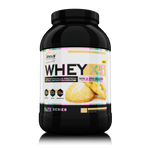 Genius Nutrition WHEY-X5 protein powder in 900g container with Biscotti Cookies flavor, displayed with scoop and packaging.