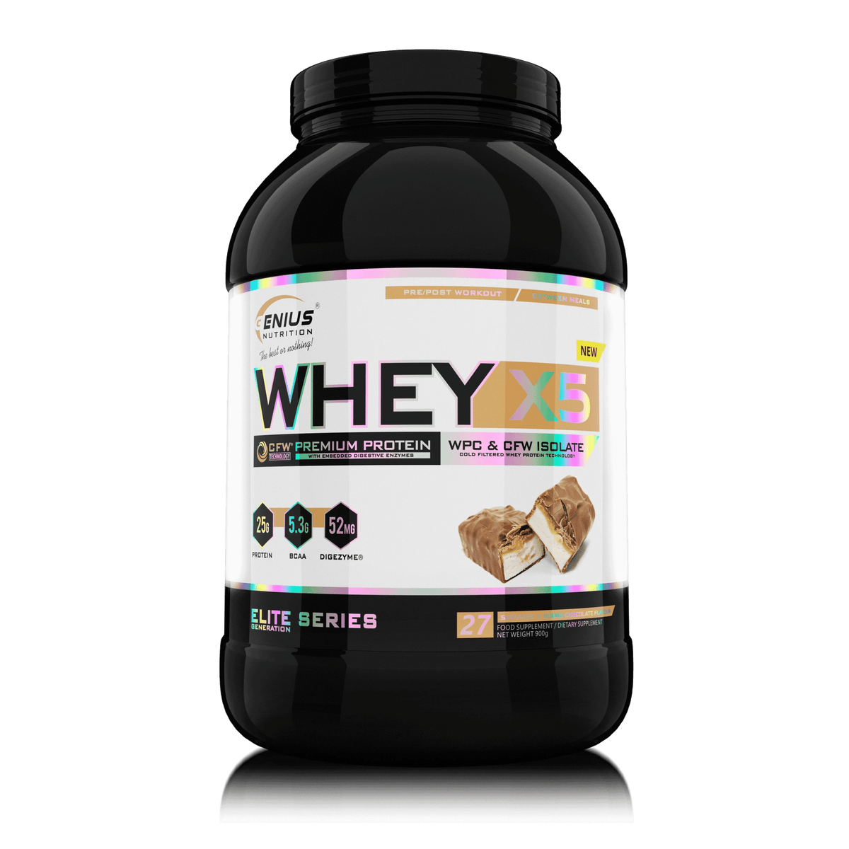 Genius Nutrition WHEY-X5 protein powder in Bueno Chocolate flavor, 900g container with a scoop and chocolate flavor label.