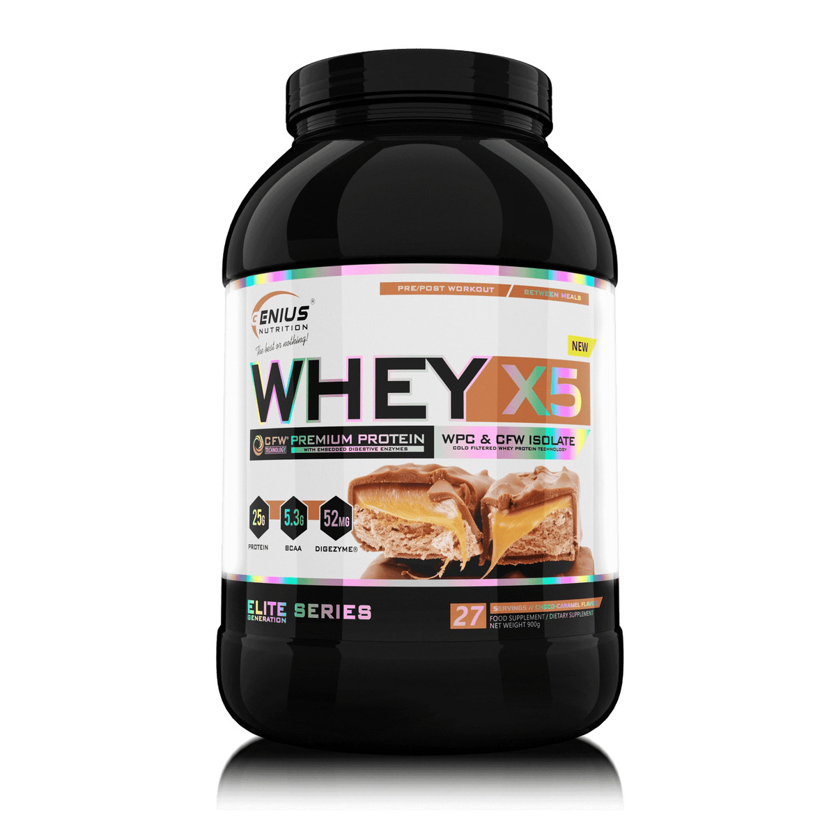 Genius Nutrition WHEY-X5 protein powder in caramel chocolate flavor, 900g jar with scoop on transparent background