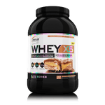 Genius Nutrition WHEY-X5 protein powder in caramel chocolate flavor, 900g jar with scoop on transparent background