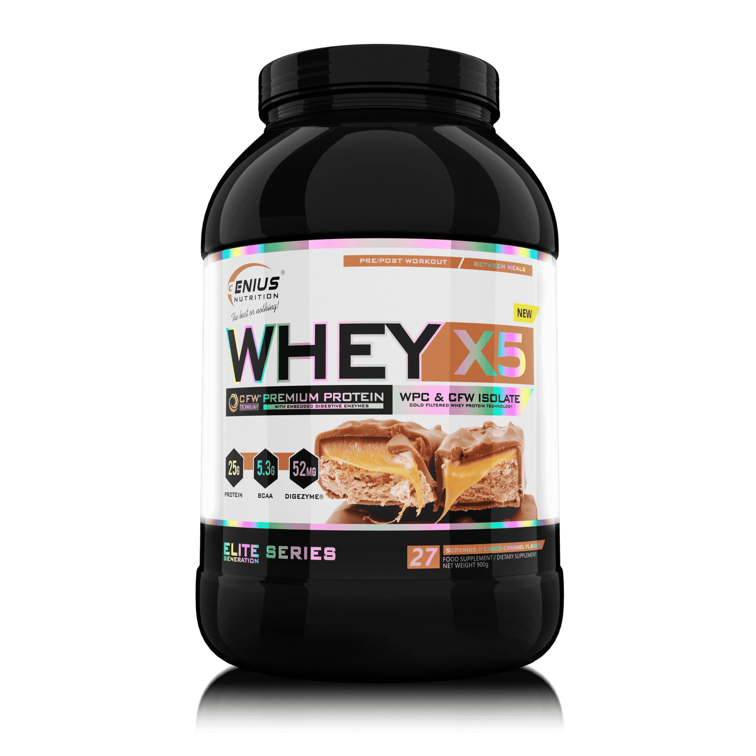 Genius Nutrition WHEY-X5 protein powder in caramel chocolate flavor, 900g jar with scoop on transparent background