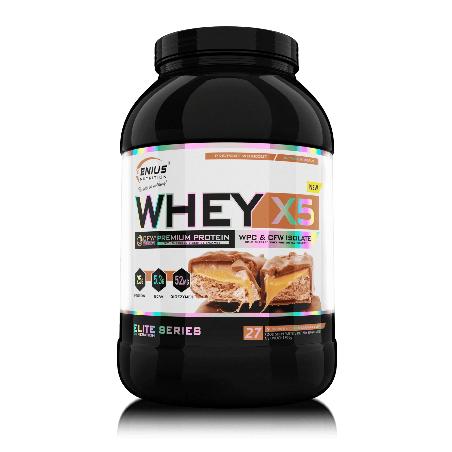 Genius Nutrition WHEY-X5 protein powder in caramel chocolate flavor, 900g jar with scoop on transparent background