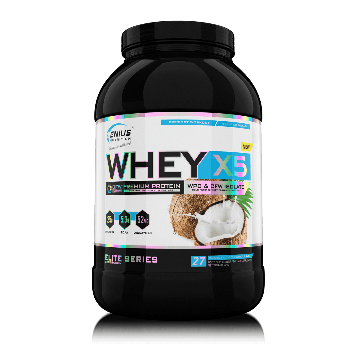 Genius Nutrition WHEY-X5 protein powder in chocolate coconut flavor, 900g jar with scoop on transparent background