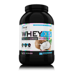 Genius Nutrition WHEY-X5 protein powder in chocolate coconut flavor, 900g jar with scoop on transparent background