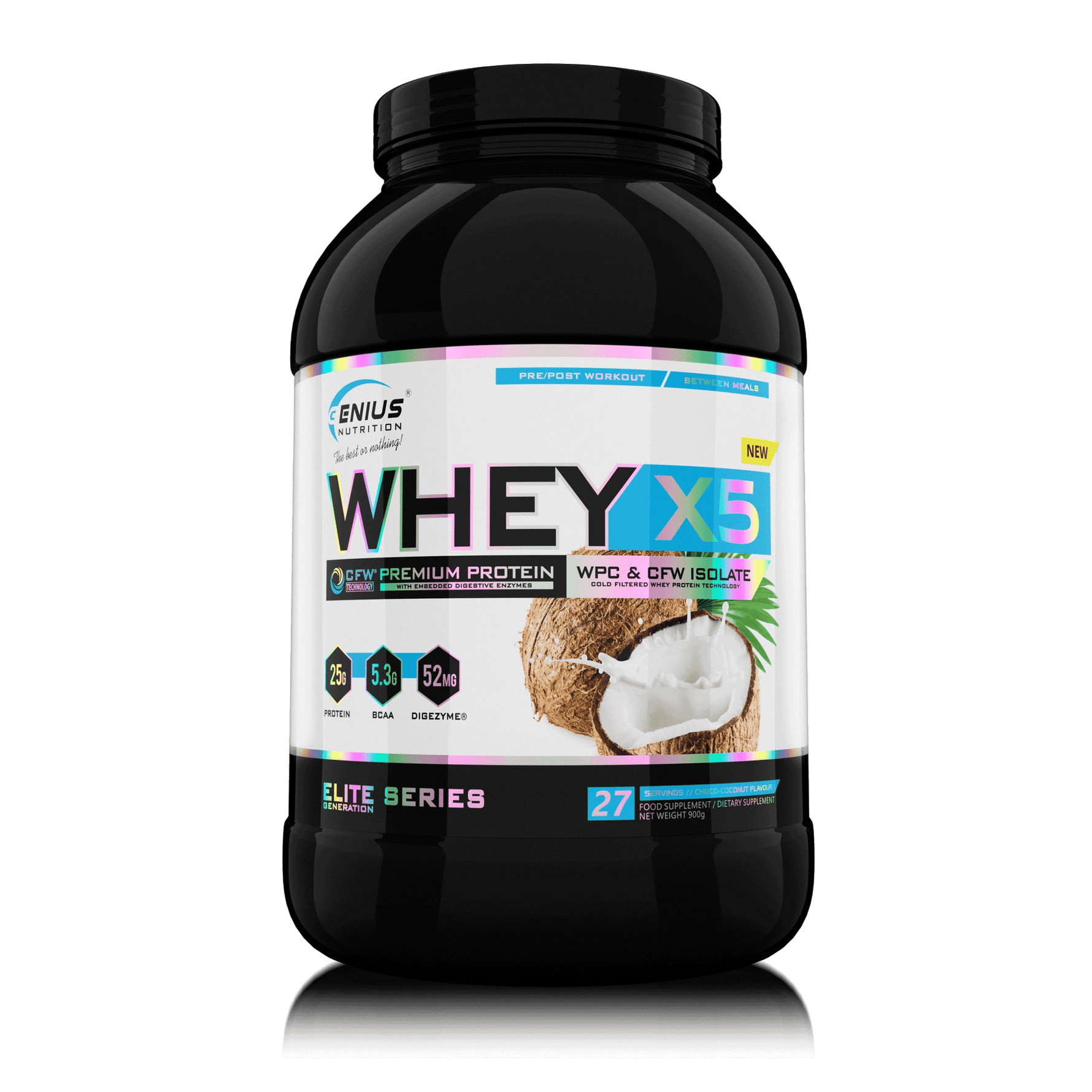 Genius Nutrition WHEY-X5 protein powder in chocolate coconut flavor, 900g jar with scoop on transparent background