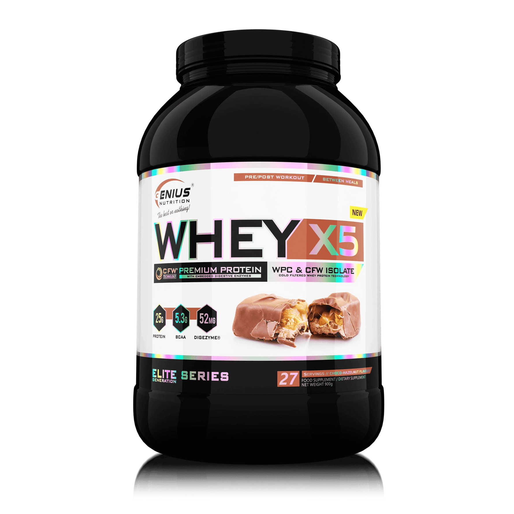 Genius Nutrition WHEY-X5 protein powder in Choco Hazelnut flavor, 900g jar, shown on transparent background