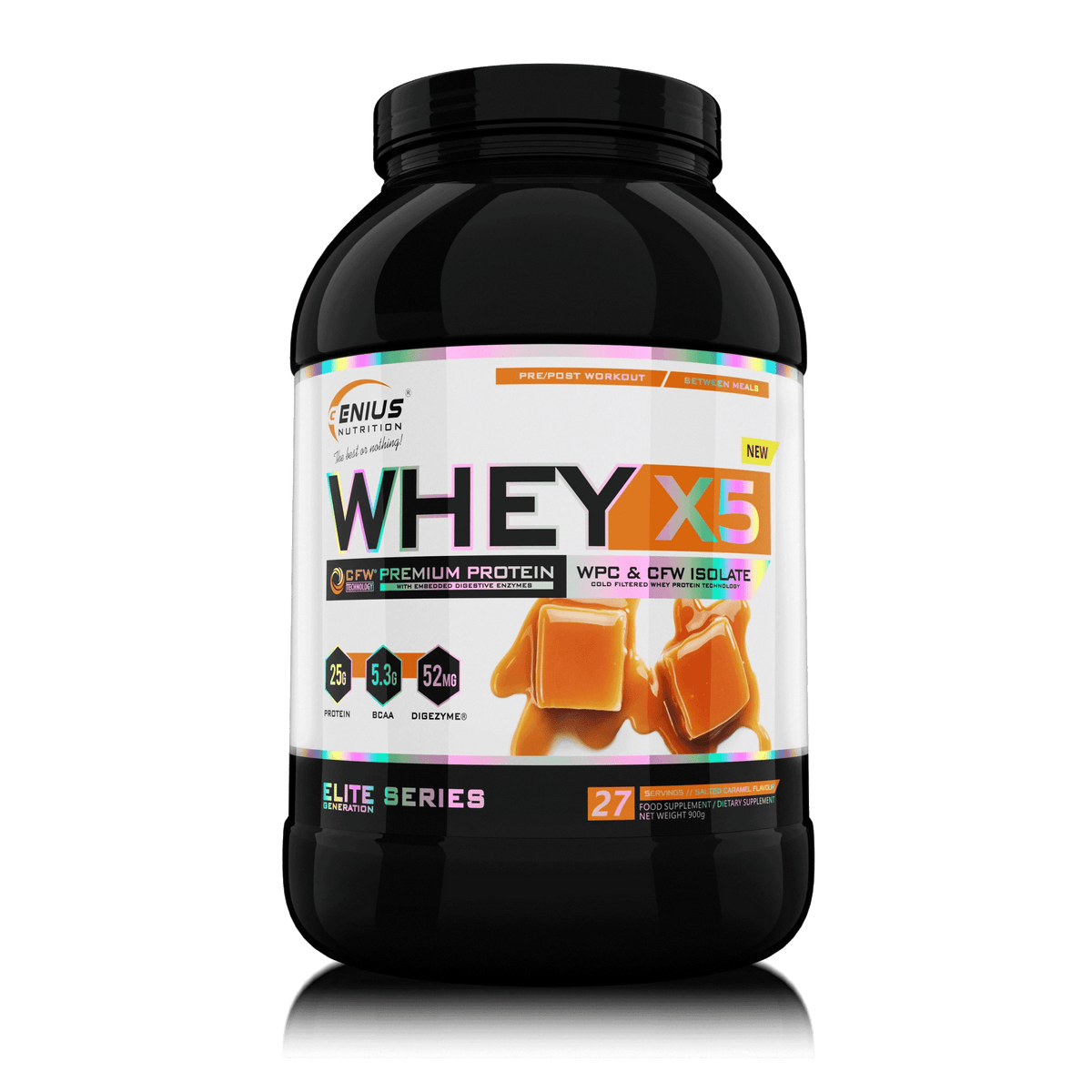 Genius Nutrition WHEY-X5 protein powder in salted caramel flavor, 900g jar with 27 servings on transparent background.
