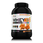 Genius Nutrition WHEY-X5 protein powder in salted caramel flavor, 900g jar with 27 servings on transparent background.