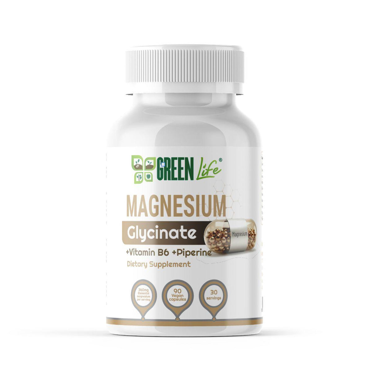 Green Life Magnesium Glycinate Complex vegan capsules containing magnesium, vitamin B6, and piperine for high absorption, 90 capsules.