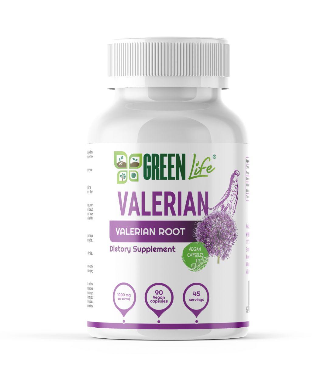 Vegan capsules of Green Life Valerian Root for relaxation and sleep support, shown in a clear bottle with label.