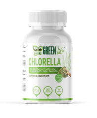 Green Life World Chlorella vegan capsules for daily detox, showing 120 green capsules in a clear container.
