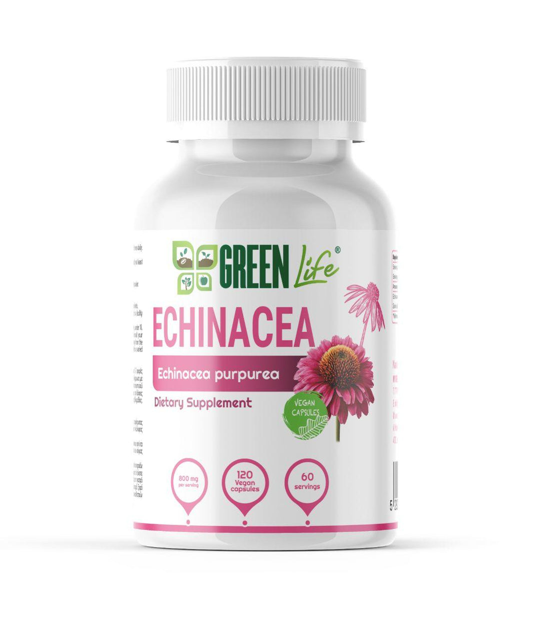 Green Life Cyprus Echinacea Purpurea immune support capsules, 800mg, vegan, 120 capsules, natural herbal supplement.