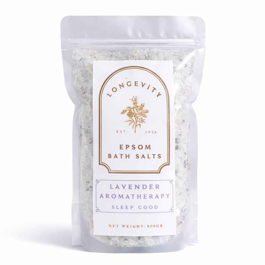 Lavender aromatherapy Epsom bath salts from AW GIFTS, relaxing sleep aid with lavender crystals and soothing bath salts.