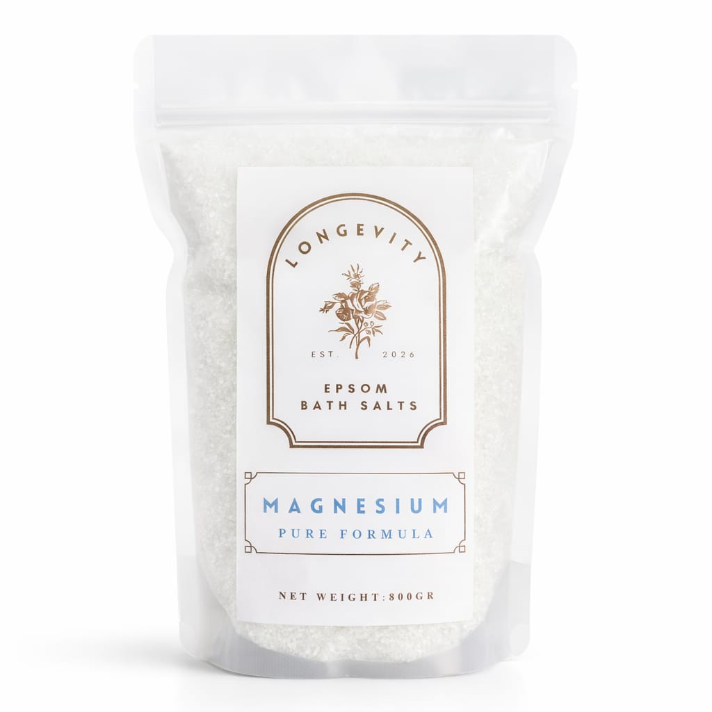 A white jar of AW GIFTS Longevity Magnesium Epsom Bath Salt with a label, placed next to a wooden scoop and relaxing spa setting.