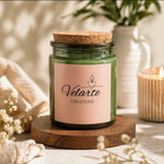 Velarte green glass candle container with cork lid, elegant and decorative candle for home ambiance.