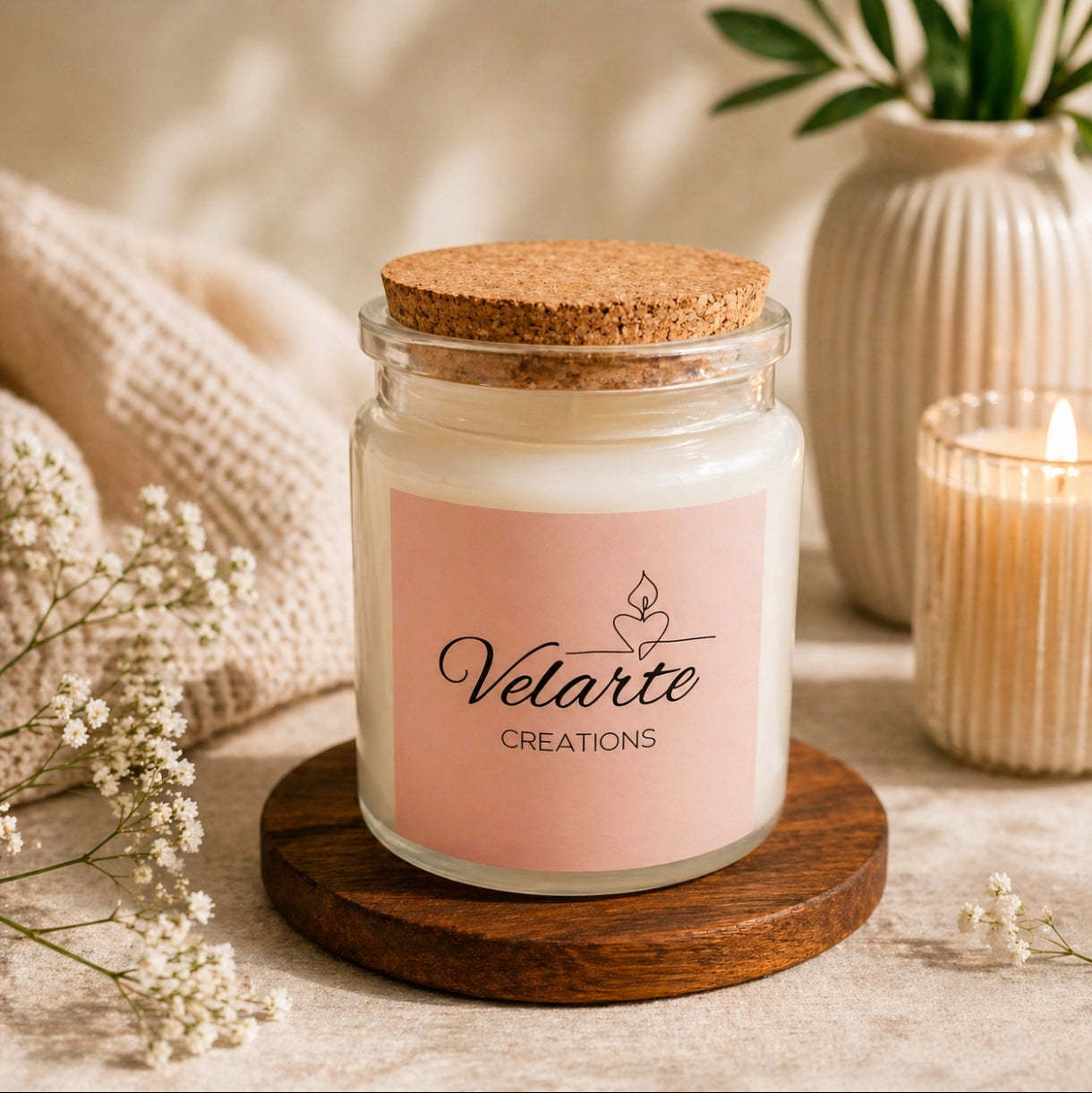 Velarte candle in clear glass container with cork lid, offering a stylish and cozy ambiance.