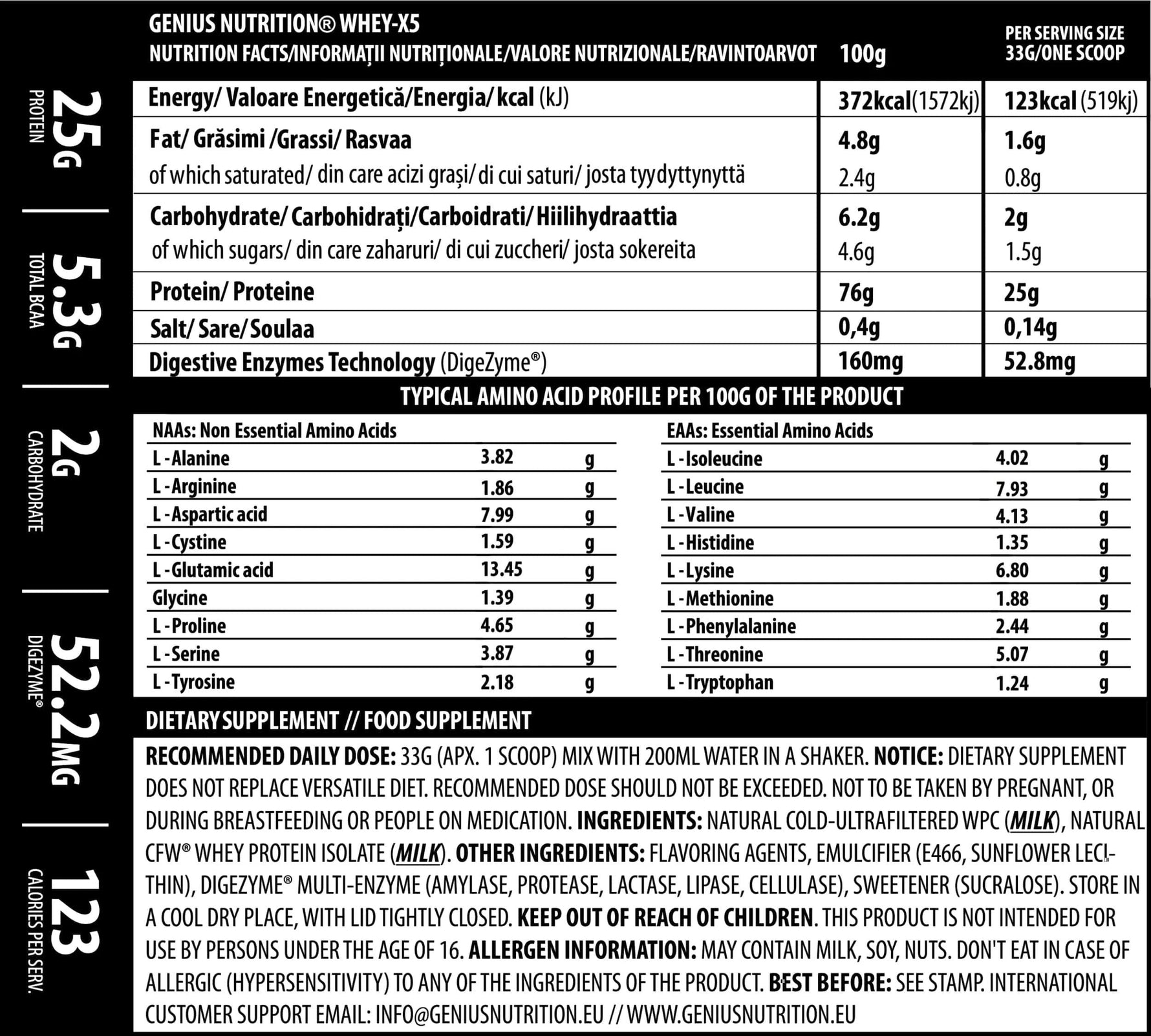 Genius Nutrition WHEY-X5 protein powder 900g container with scoop, premium whey protein supplement for muscle recovery.