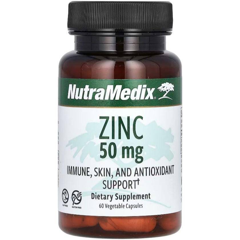 Old Products Zinc supplement, 50 mg in vegetable capsules, showing the bottle and capsules on a white background.