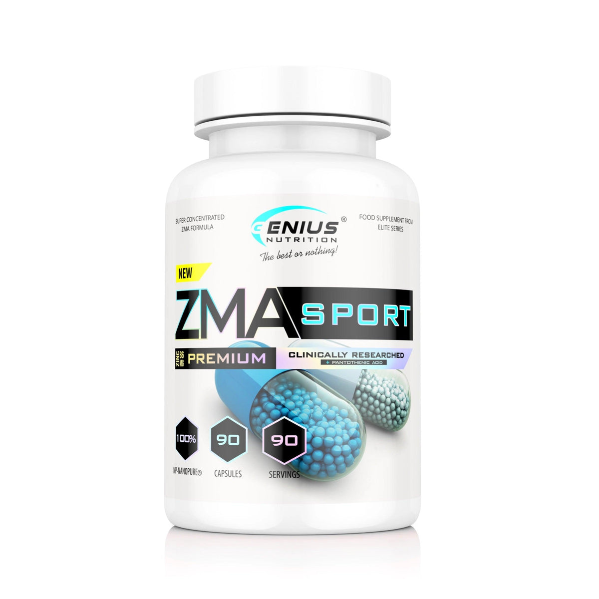 ZMA Sport supplement by Genius Nutrition, 90 capsules, showing the bottle with capsules inside, designed for athletic recovery.
