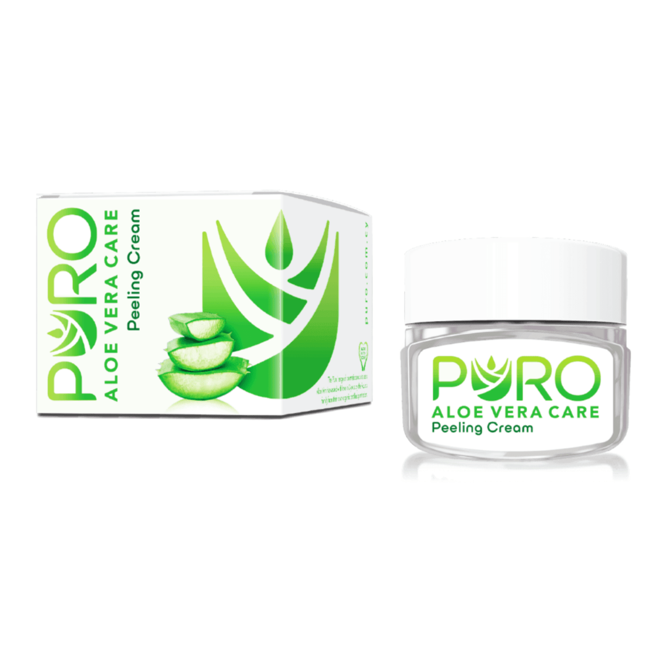 Puro Aloe Vera Peeling Cream 50ml in a jar with fresh aloe vera leaves, moisturizing and exfoliating skincare product.