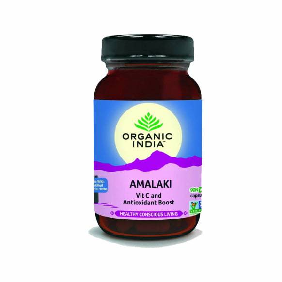 Organic India BIO Amalaki capsules in a bottle, herbal supplement with 90 capsules for immune support and overall wellness.