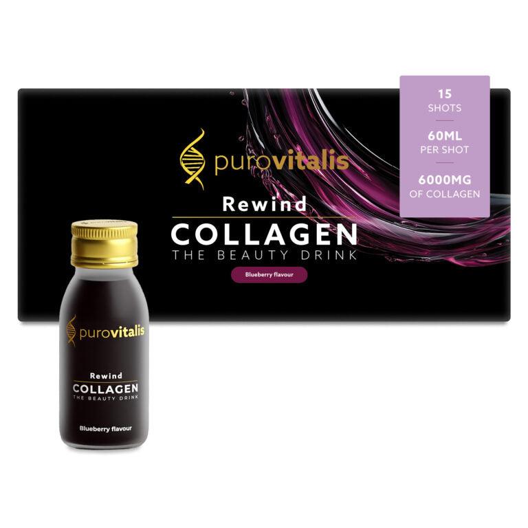 Herbalistas Purovitalis REWIND Liquid Collagen supplement in 60ml bottles, featuring 6000mg collagen for skin and joint support.
