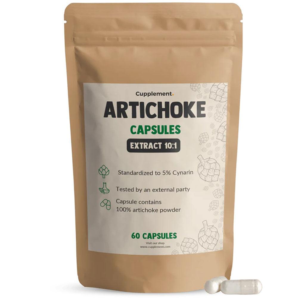 CUPLEMENT Artichoke Extract superfood capsules in a bottle, showcasing green capsules inside for dietary supplement use.