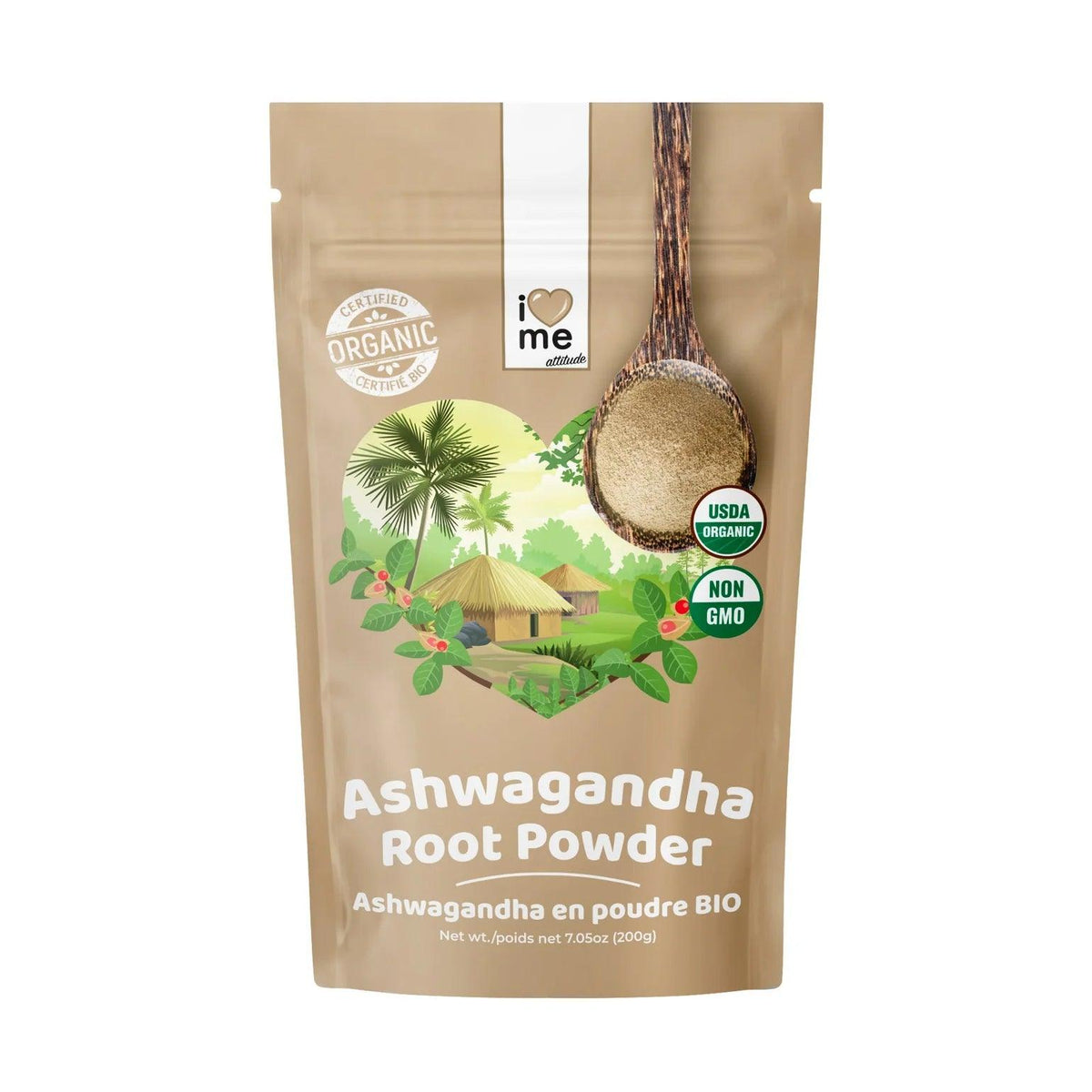 Organic Ashwagandha powder in a jar from ILOVE ME, natural supplement with 200g packaging, ideal for wellness and herbal health.