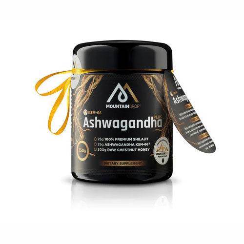 Herbalistas MountainDrop Shilajit blend with Ashwagandha and raw chestnut honey in a 350g pack, natural herbal supplement.