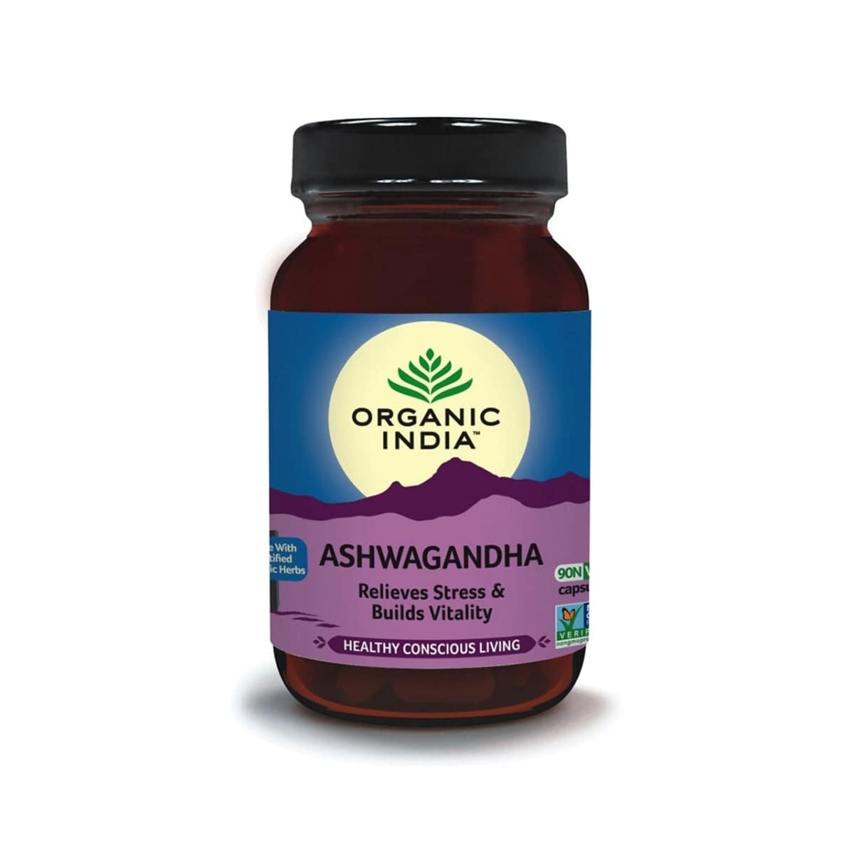 Organic India BIO Ashwagandha supplement capsules in a bottle, herbal supplement for stress and vitality.