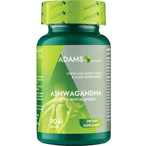 Adams Supplements Ashwagandha 400mg supplement bottle with 90 capsules, featuring label with green and white design.