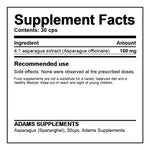 Adams Supplements asparagus extract 180 mg capsules, showing 30 capsules in a bottle, with fresh asparagus stalks in the background.