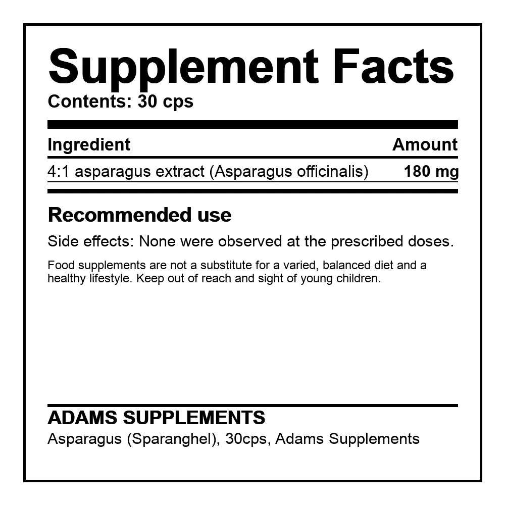 Adams Supplements asparagus extract 180 mg capsules, showing 30 capsules in a bottle, with fresh asparagus stalks in the background.
