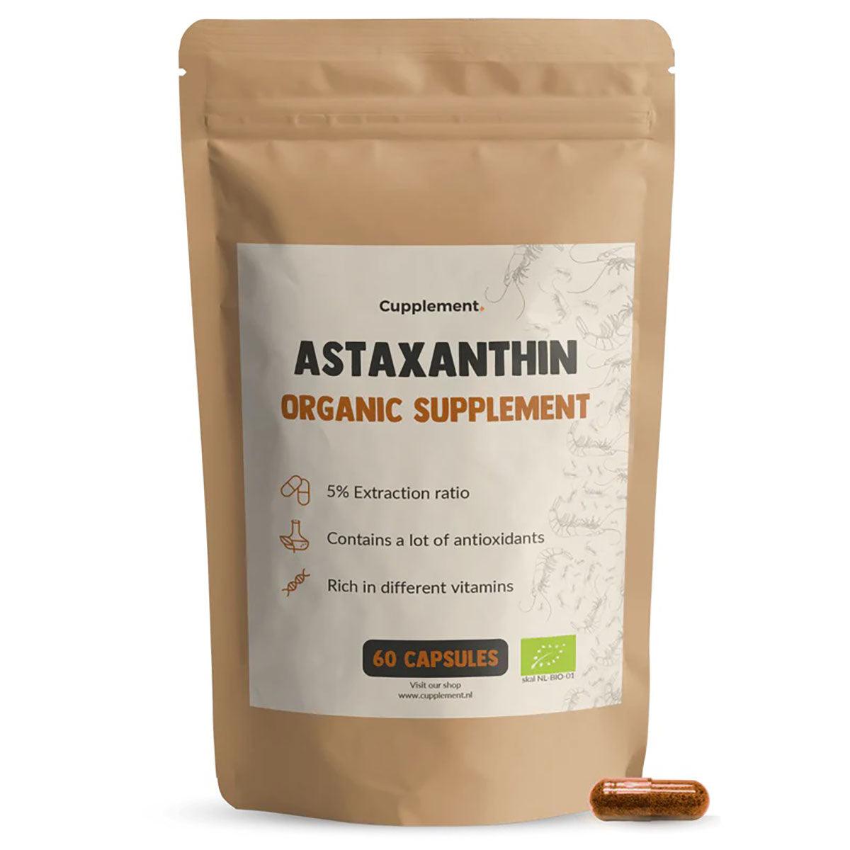 Organic BIO Astaxanthin capsules by CUPLEMENT, a superfood supplement in a 60-capsule container, shown in front view.