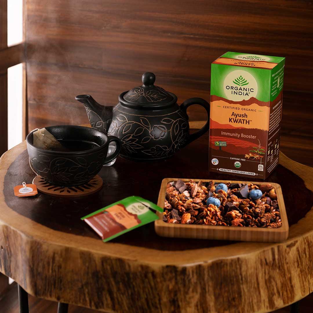 Organic India BIO Tulsi Ayush Kwath Tea in 25 infusion bags, caffeine-free herbal tea with fresh tulsi leaves and traditional ingredients.