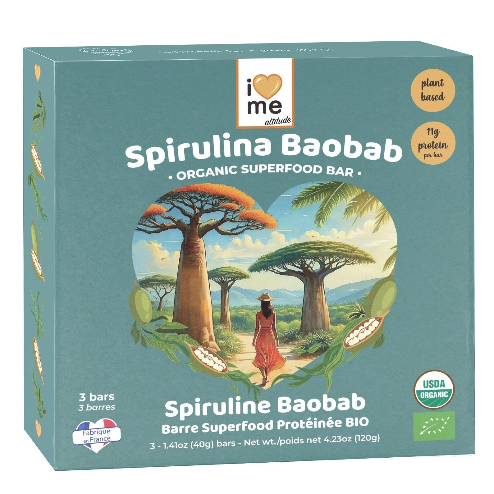 Organic I LOVE ME Spirulina Baobab Protein Bar pack of 3, vegan superfood snack with vibrant green and brown bar visuals