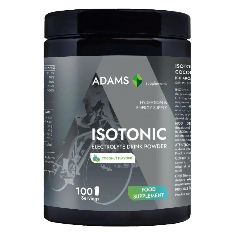 Adams Supplements isotonic electrolyte drink with coconut flavor in a 400g container, ideal for hydration and replenishing electrolytes.