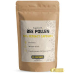 Herbalistas bee pollen extract supplement capsules, 60 count, with a close-up of a bee on a flower for natural health support.