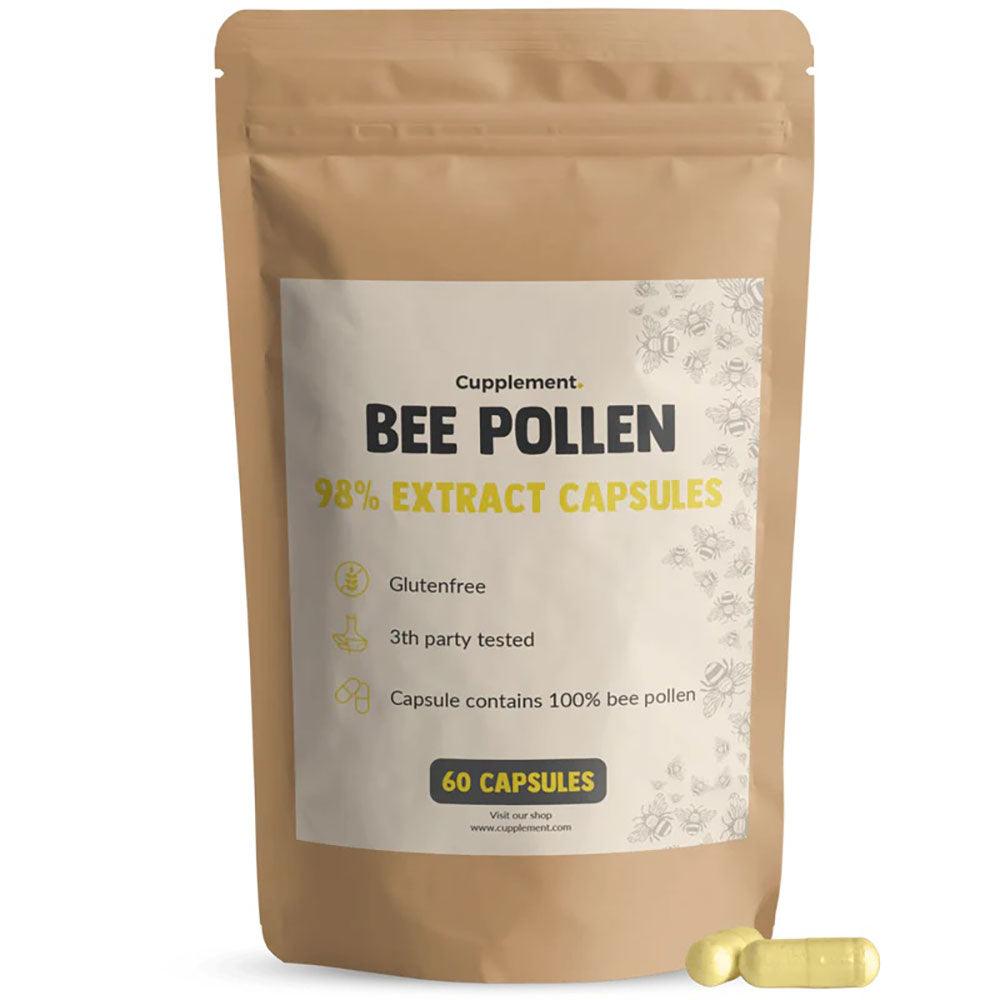 Herbalistas bee pollen extract supplement capsules, 60 count, with a close-up of a bee on a flower for natural health support.