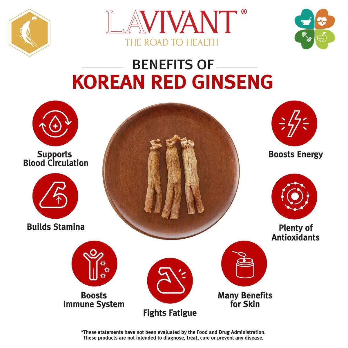 Korean Red Ginseng Extract liquid sticks by Lavivant, 10 sticks, 8.6mg/g, 100g, with benefits of Korean red ginseng shown in image