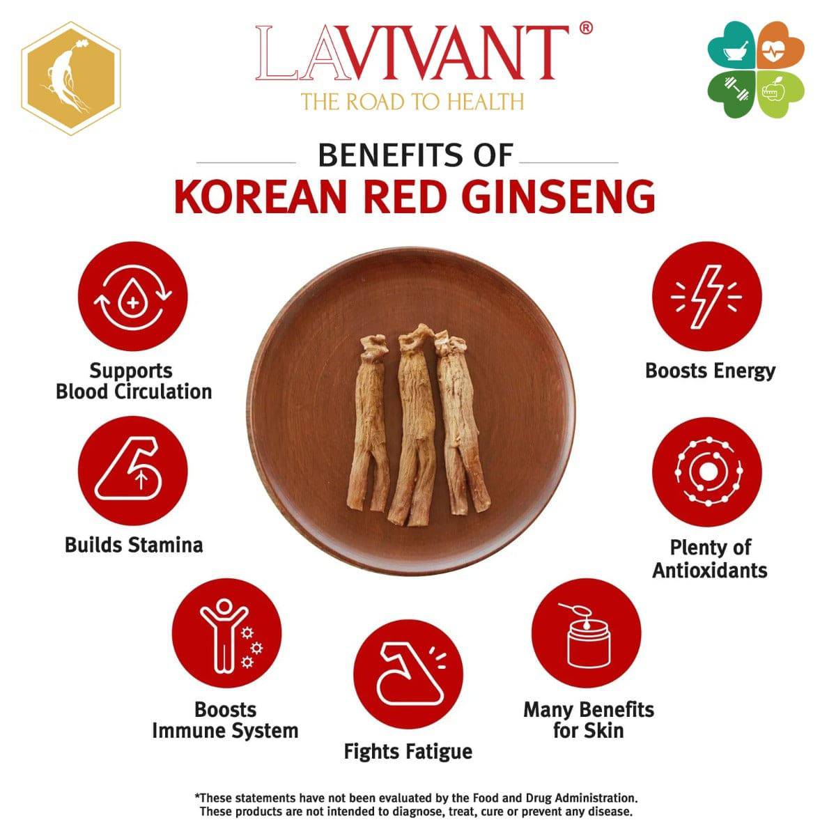 Korean Fermented Red Ginseng extract paste by Lavivant, 80mg/g, 30g black tube, shown with ginseng roots and herbal packaging.